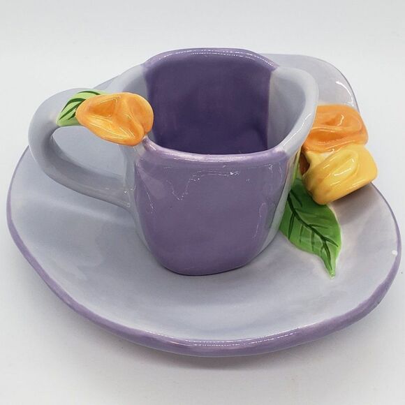 Bella Casa by Ganz Signed Susan Paley Purple Orange Flower Ceramic Cup & Saucer - Picture 9 of 13